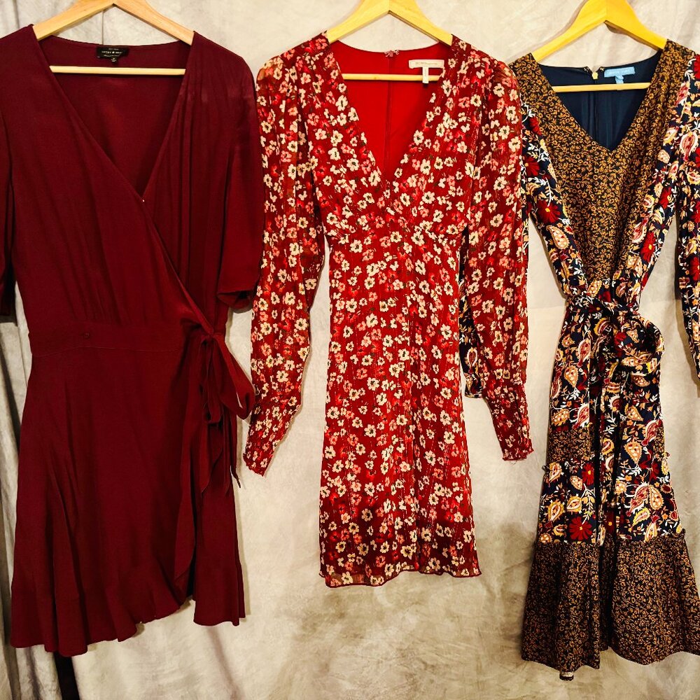 Lot of 3 Mini Dresses Lucky Brand BCBG Draper James Fall Colors Sizes S/M/8